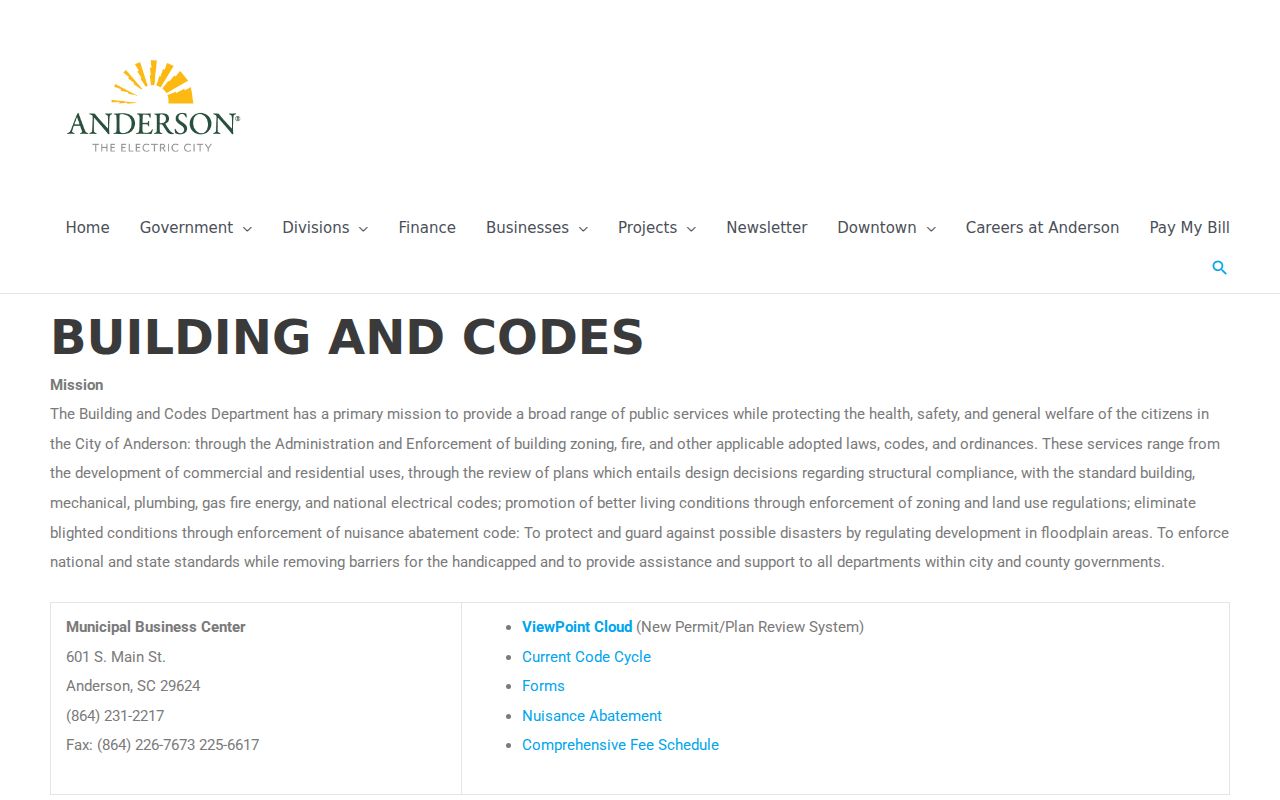 Anderson street directory City Building and Codes permit route