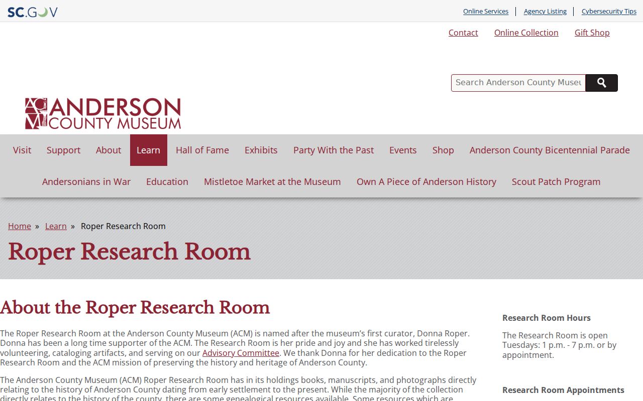 Anderson city directory repository at the Anderson County Museum Roper Research Room